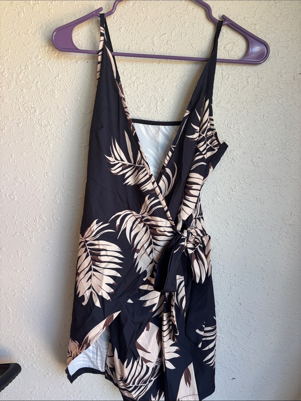 Tropical Leaf Wrap Romper in Black and Cream